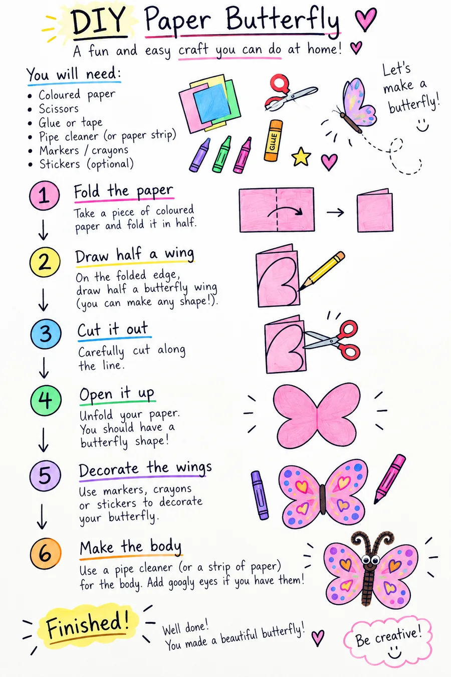 A hand-drawn poster of the paper butterfly craft: a list of materials, then six numbered steps — fold the paper, draw half a wing, cut it out, open it up, decorate the wings, make the body — each with a drawing of that stage beside it.