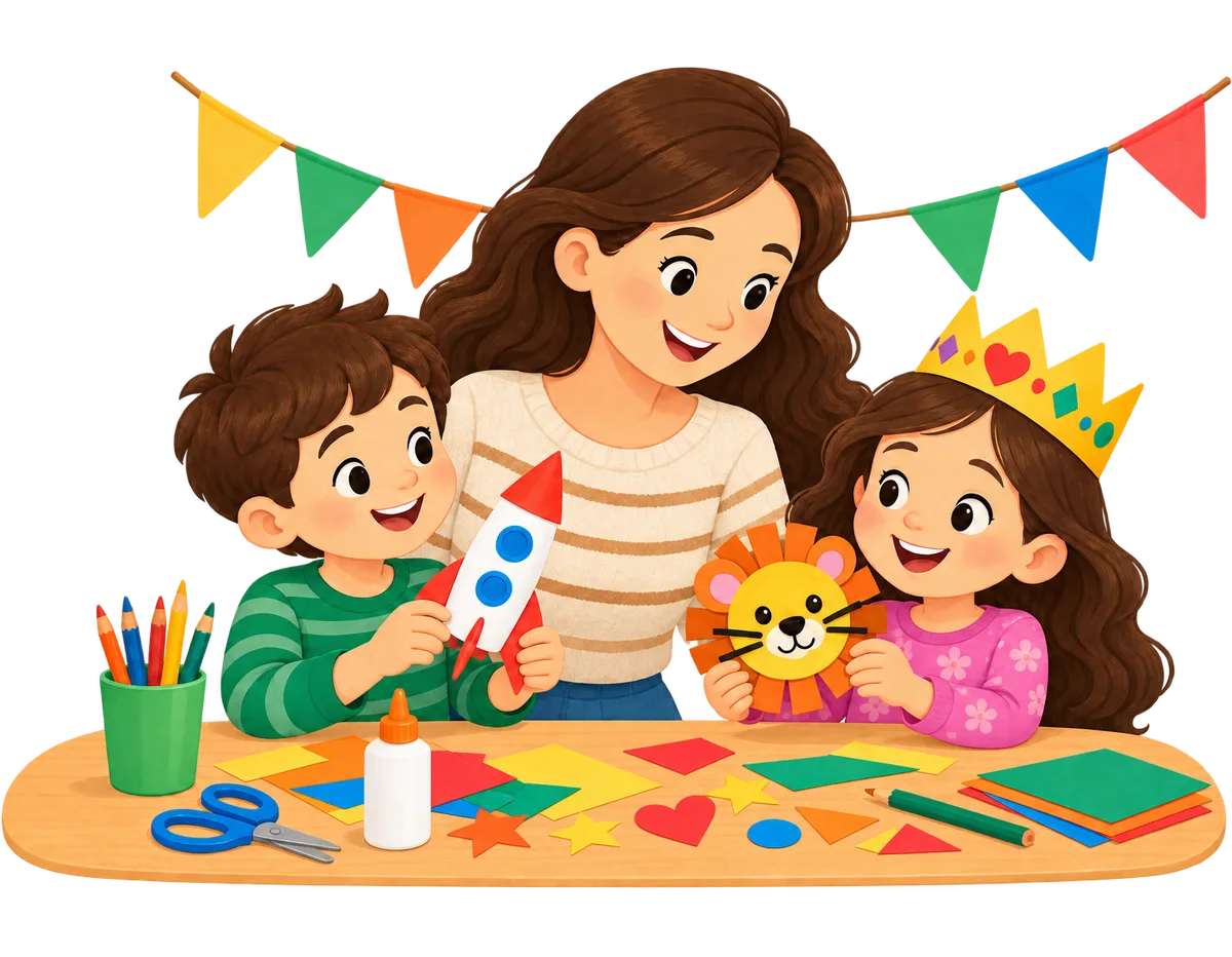 Un adulte souriant et deux jeunes enfants autour d’une table couverte de papier de couleur, de ciseaux, d’un tube de colle et de crayons : le garçon brandit une fusée en papier, et la fille, coiffée d’une couronne en papier, tient un masque de lion. Des fanions en papier sont suspendus au-dessus d’eux.