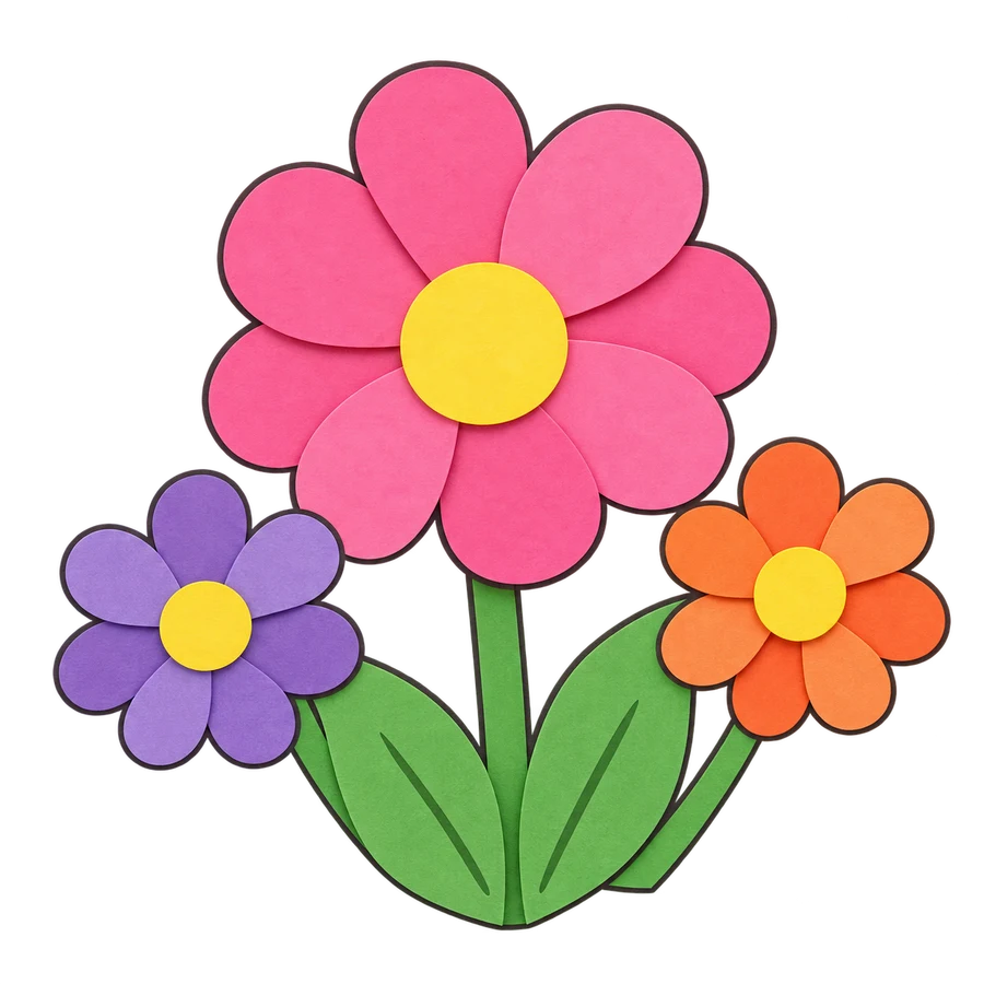 Three colourful finished paper flowers with layered petals, yellow centres, green stems and leaves.