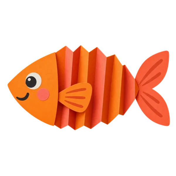 Un poisson dont le corps est un éventail de papier arc-en-ciel plié, avec un œil rond
