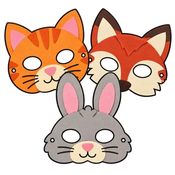 Trois masques en papier : un chat roux, un lapin gris et un renard