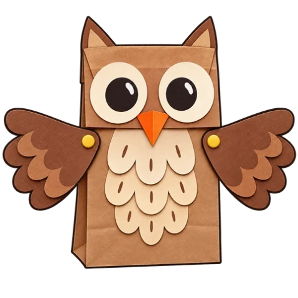Un hibou en papier brun aux grands yeux ronds, avec des ailes qui se relèvent sur les côtés