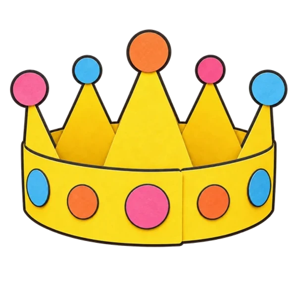 Une couronne en papier jaune à cinq pointes, chacune surmontée d’un rond de couleur