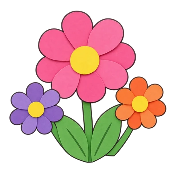 Une fleur en papier rose aux pétales superposés, à côté d’une violette et d’une orange, sur des feuilles vertes