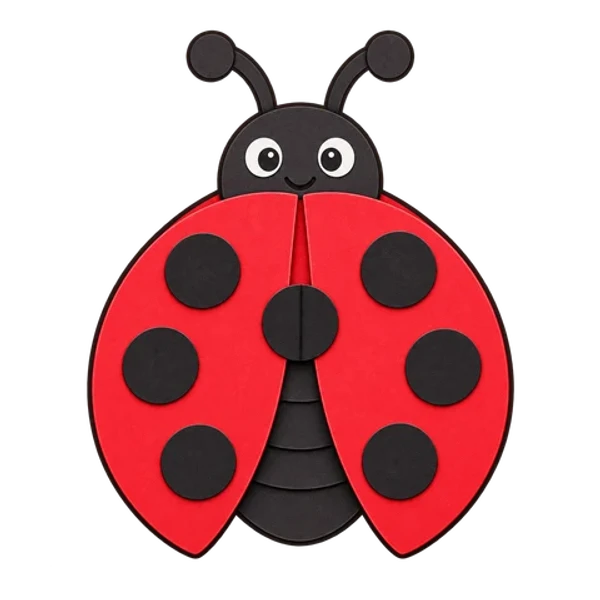Une coccinelle en papier rouge à points noirs, avec une tête noire et deux antennes