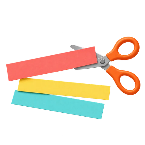 Three cut paper strips in red, yellow and teal, beside a pair of scissors