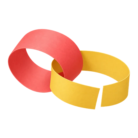 A yellow strip threaded through a finished red loop, not yet glued