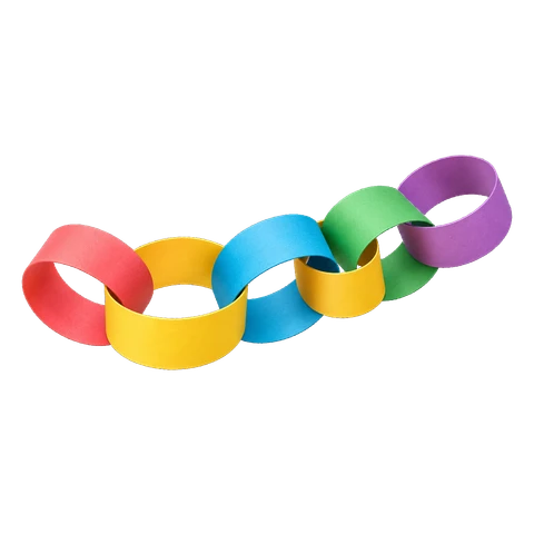 A finished chain of red, yellow, blue, green and purple paper loops