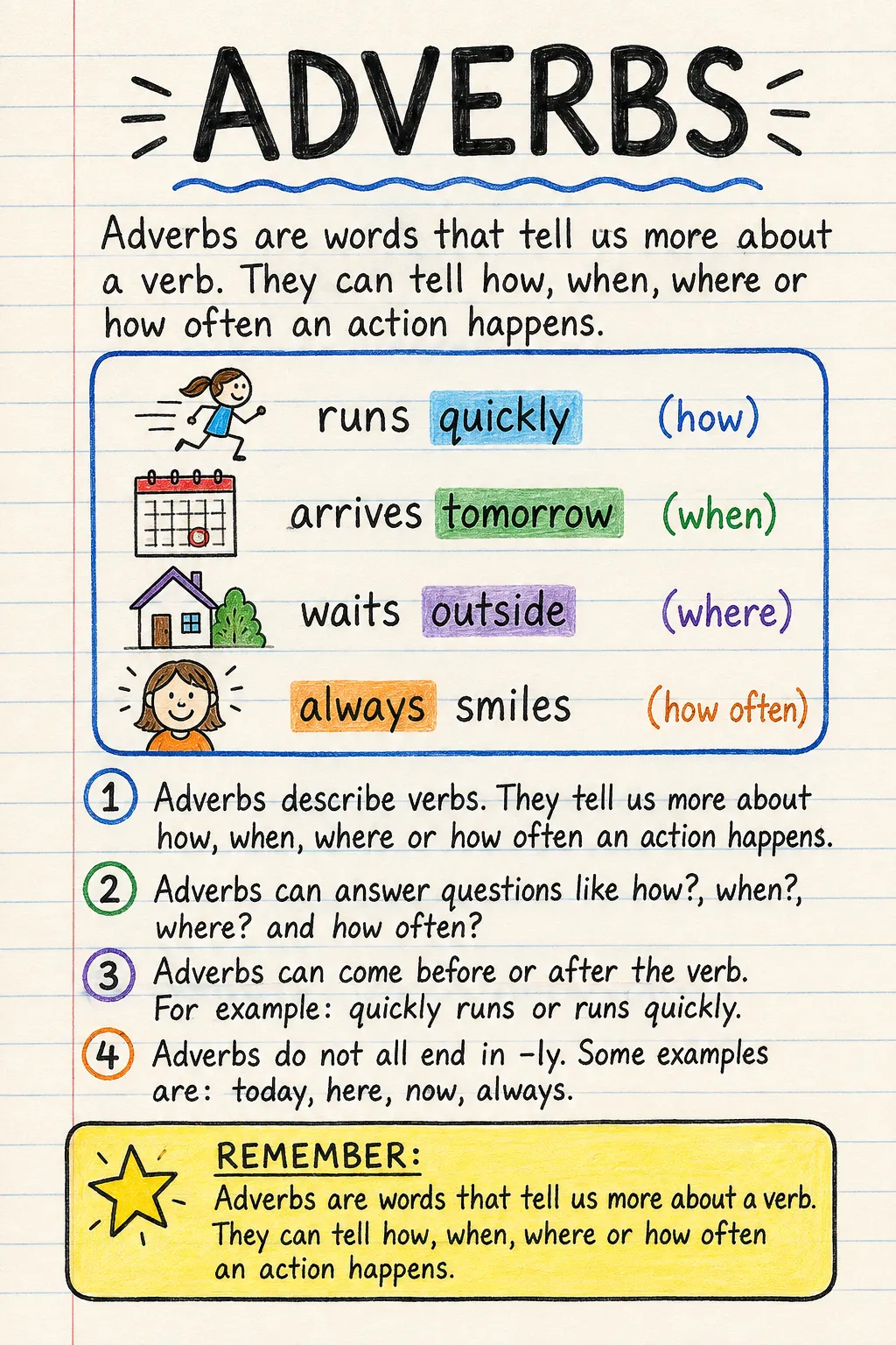 Adverbs: an illustrated one-page fact sheet for primary school.
