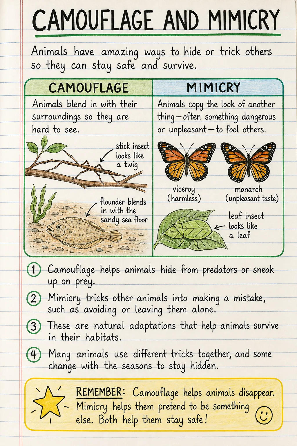Camuflaje y mimetismo: una ficha informativa ilustrada de una página para primaria, en inglés.