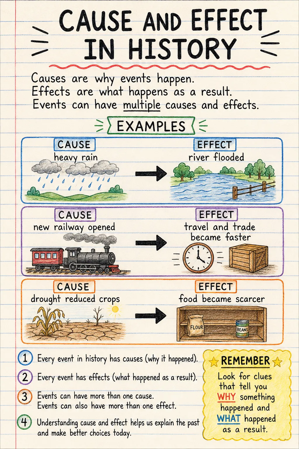 Causes et conséquences en histoire : une fiche mémo illustrée d’une page pour le primaire, en anglais.