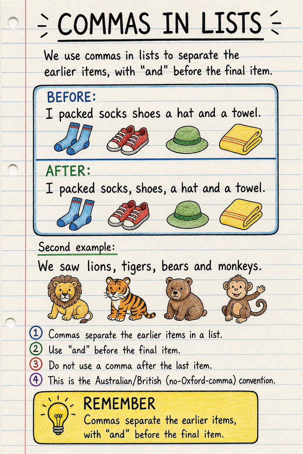 Commas in lists: an illustrated one-page fact sheet for primary school.