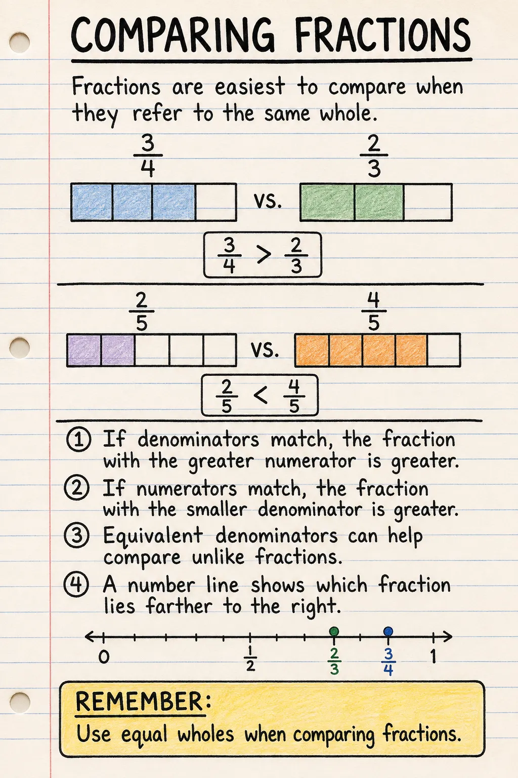 Comparing fractions: an illustrated one-page fact sheet for primary school.