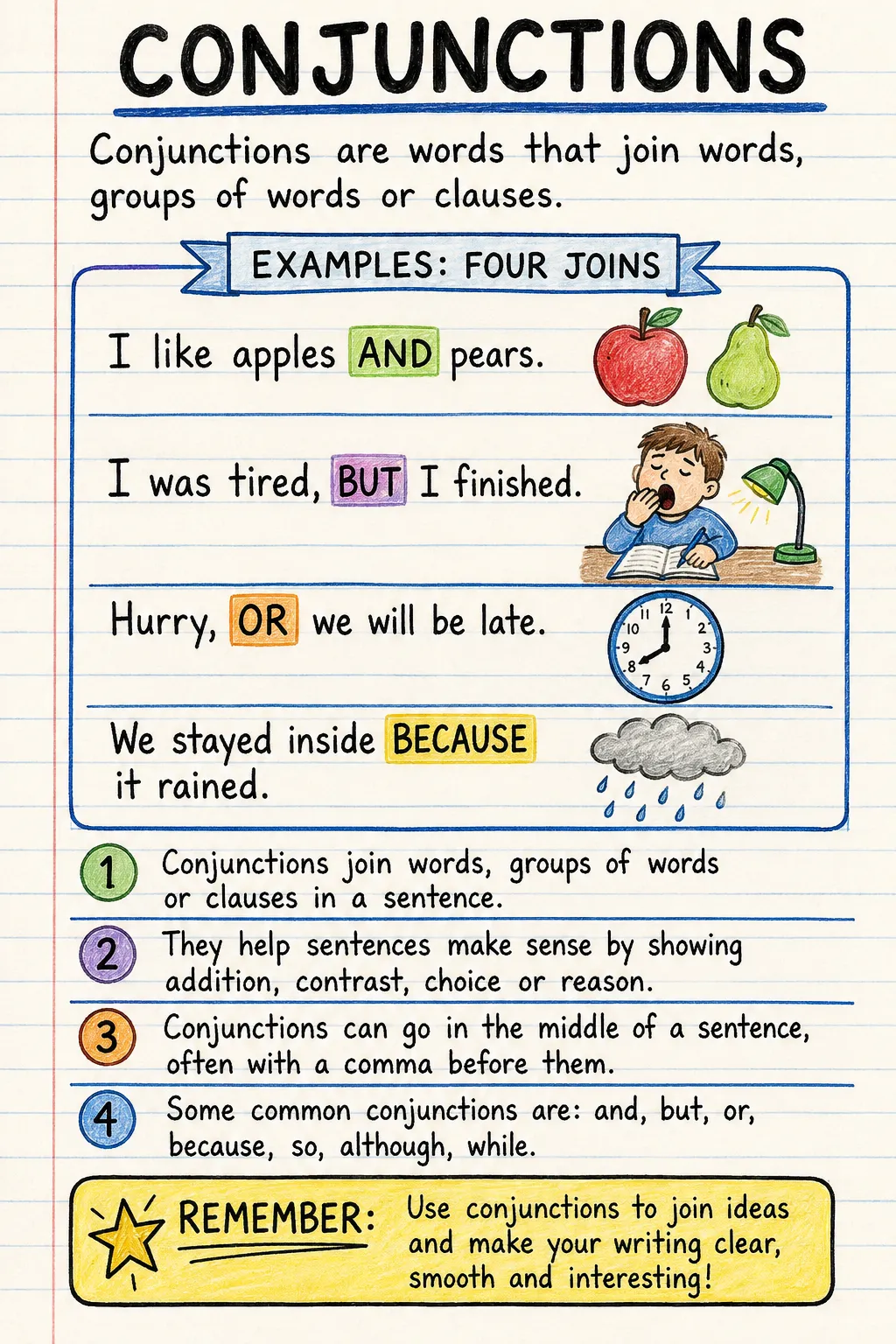 Conjunctions: an illustrated one-page fact sheet for primary school.