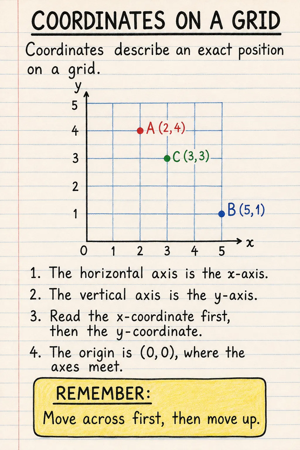 Coordinates on a grid: an illustrated one-page fact sheet for primary school.