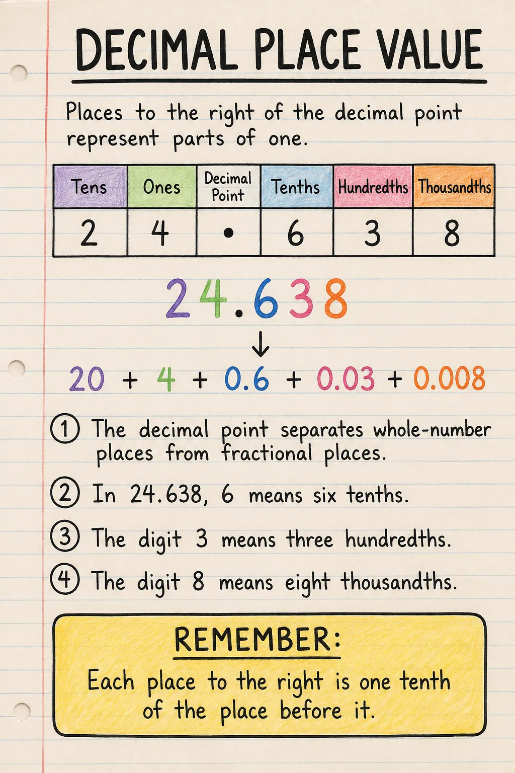 Decimal place value: an illustrated one-page fact sheet for primary school.