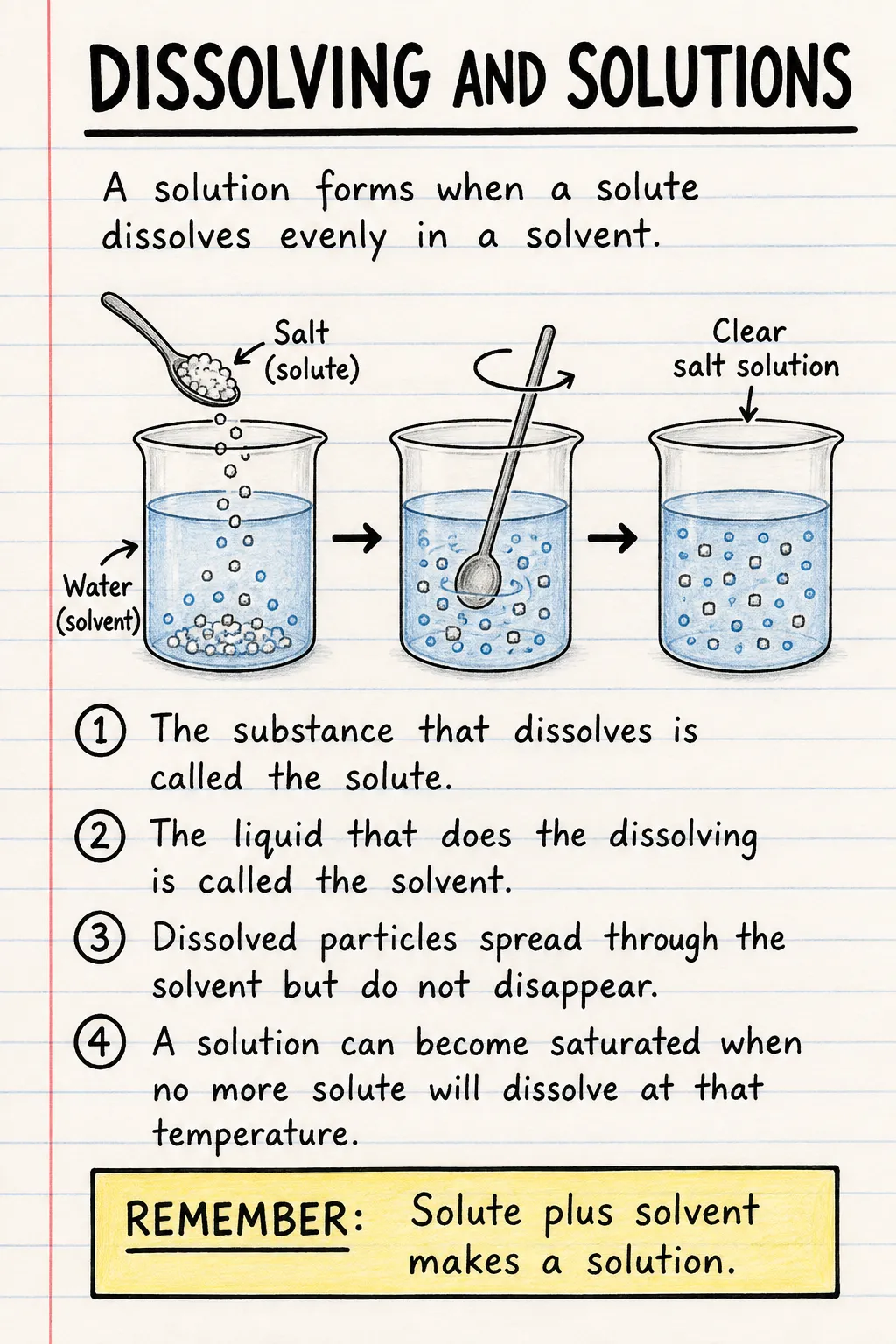 Dissolving and solutions: an illustrated one-page fact sheet for primary school.