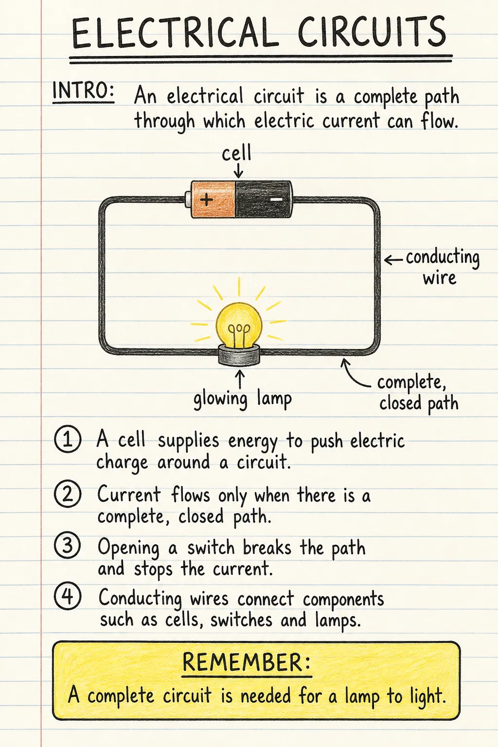 Electrical circuits: an illustrated one-page fact sheet for primary school.