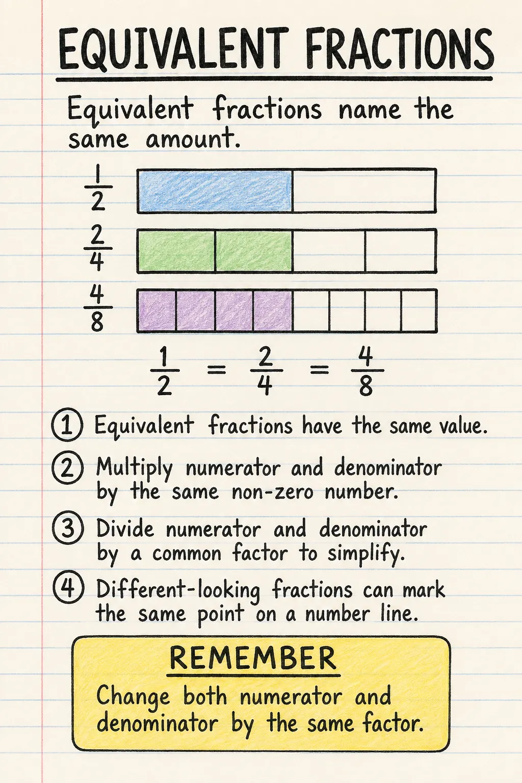 Equivalent fractions: an illustrated one-page fact sheet for primary school.