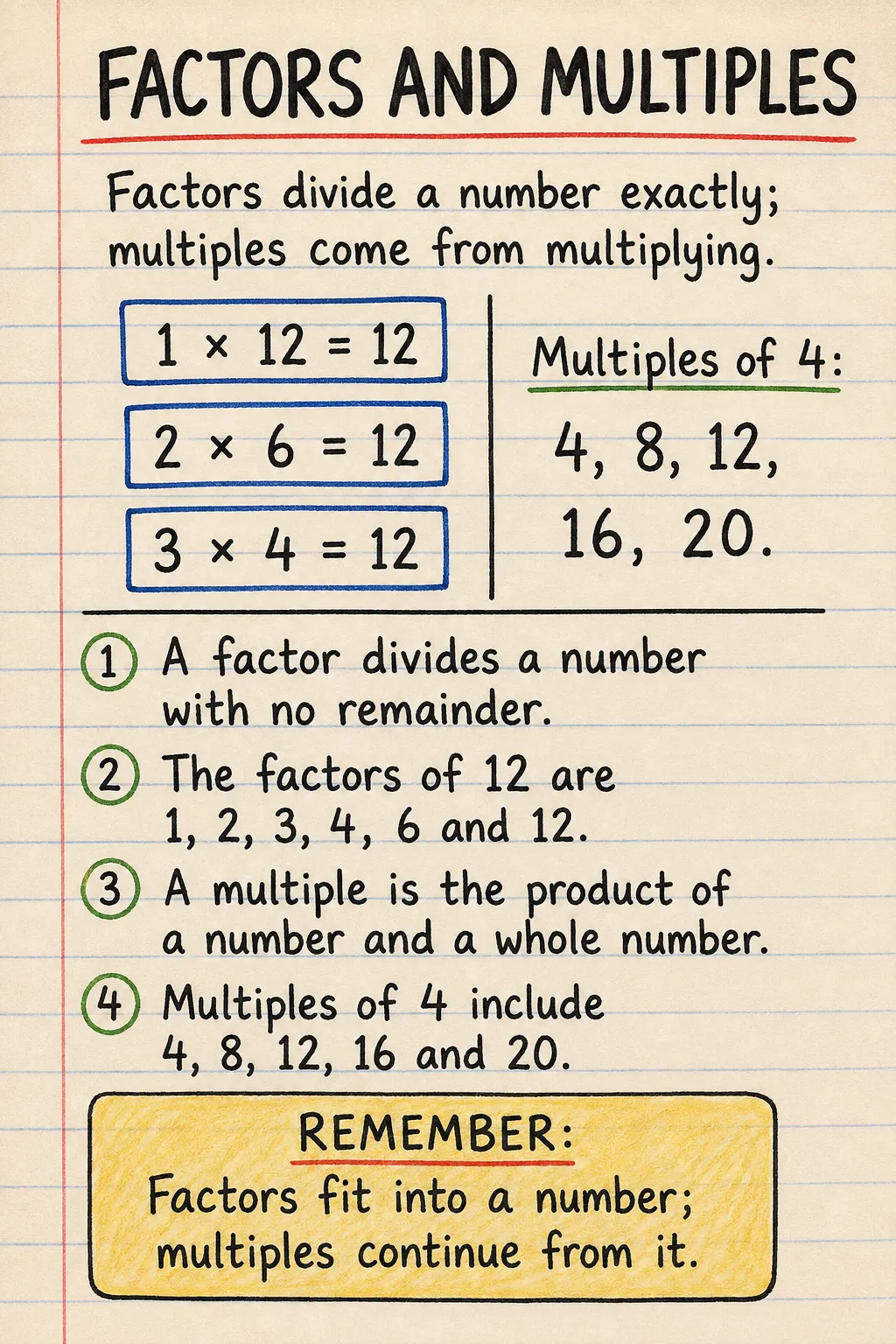 Factors and multiples: an illustrated one-page fact sheet for primary school.