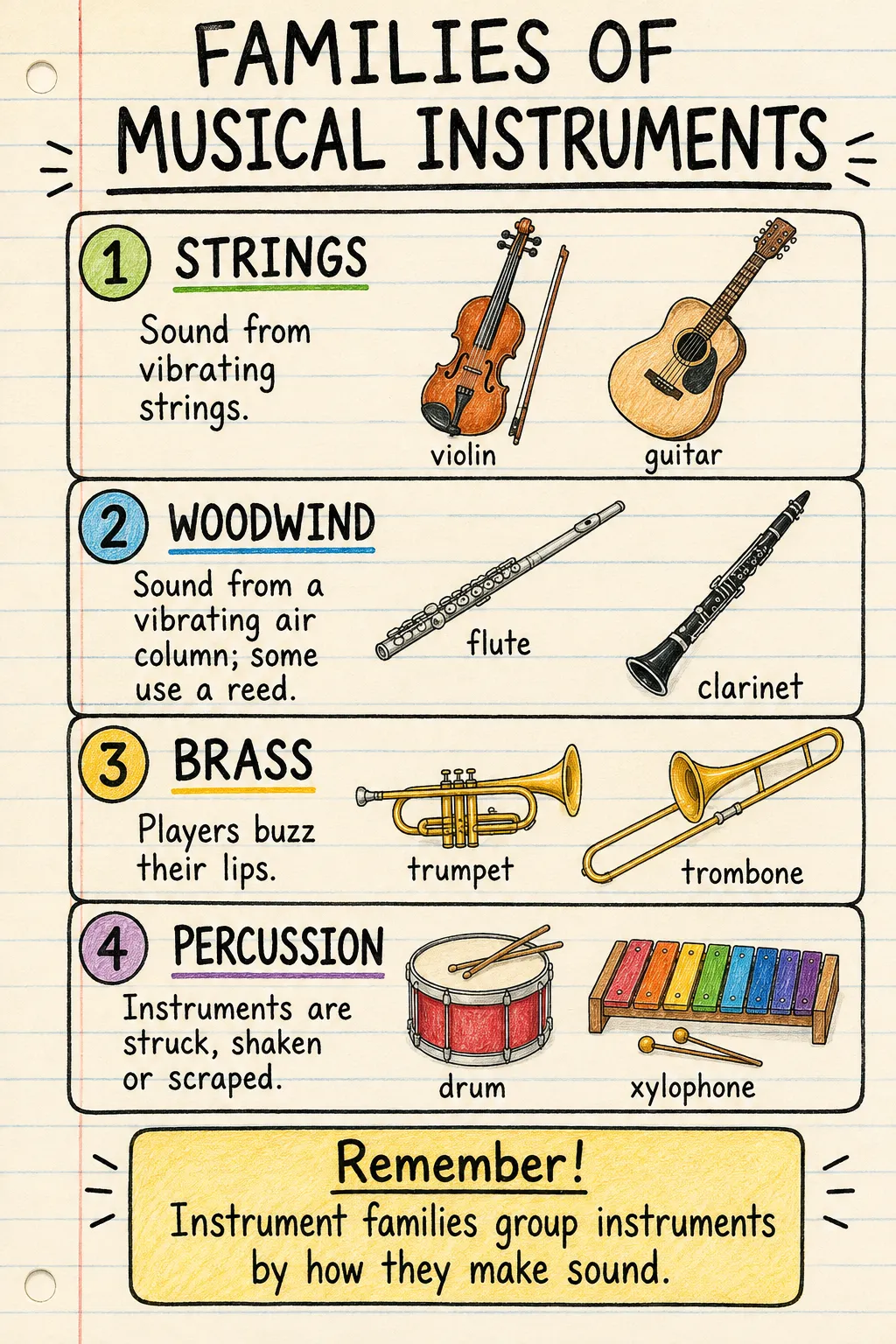 Families of musical instruments: an illustrated one-page fact sheet for primary school.