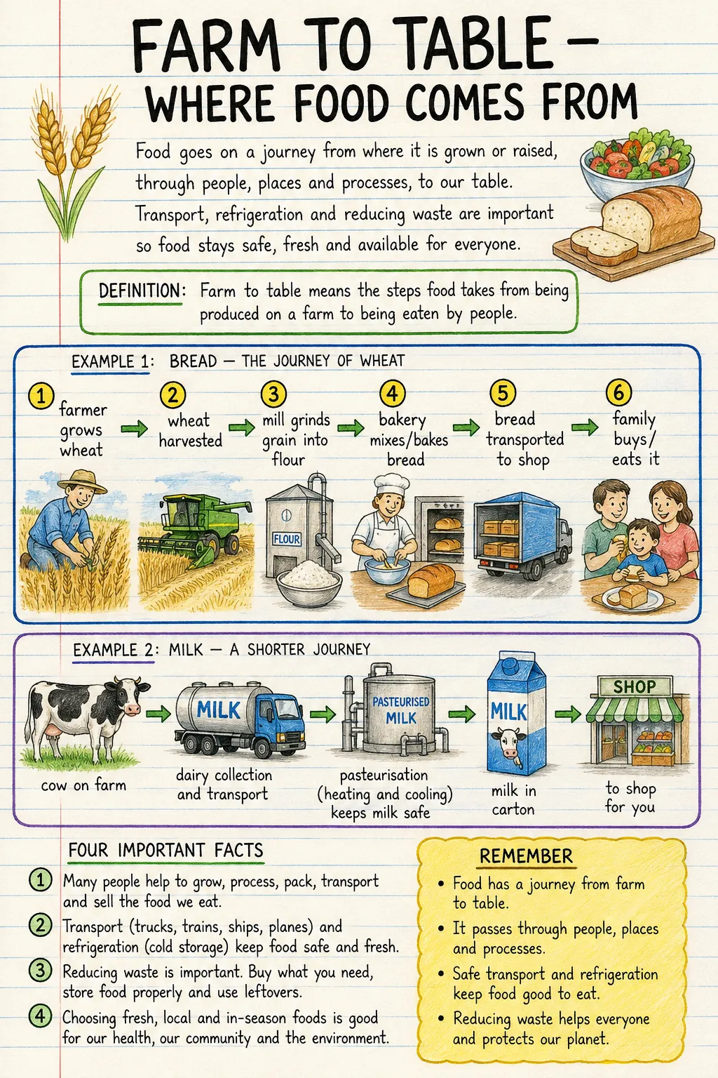 Farm to table: where food comes from: an illustrated one-page fact sheet for primary school.