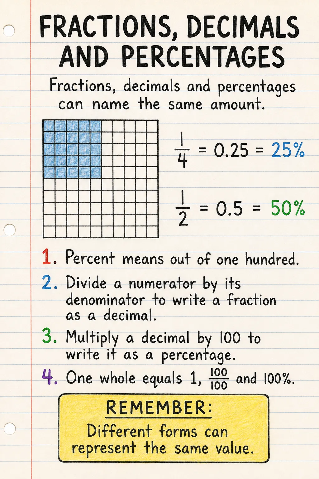 Fractions, decimals and percentages: an illustrated one-page fact sheet for primary school.