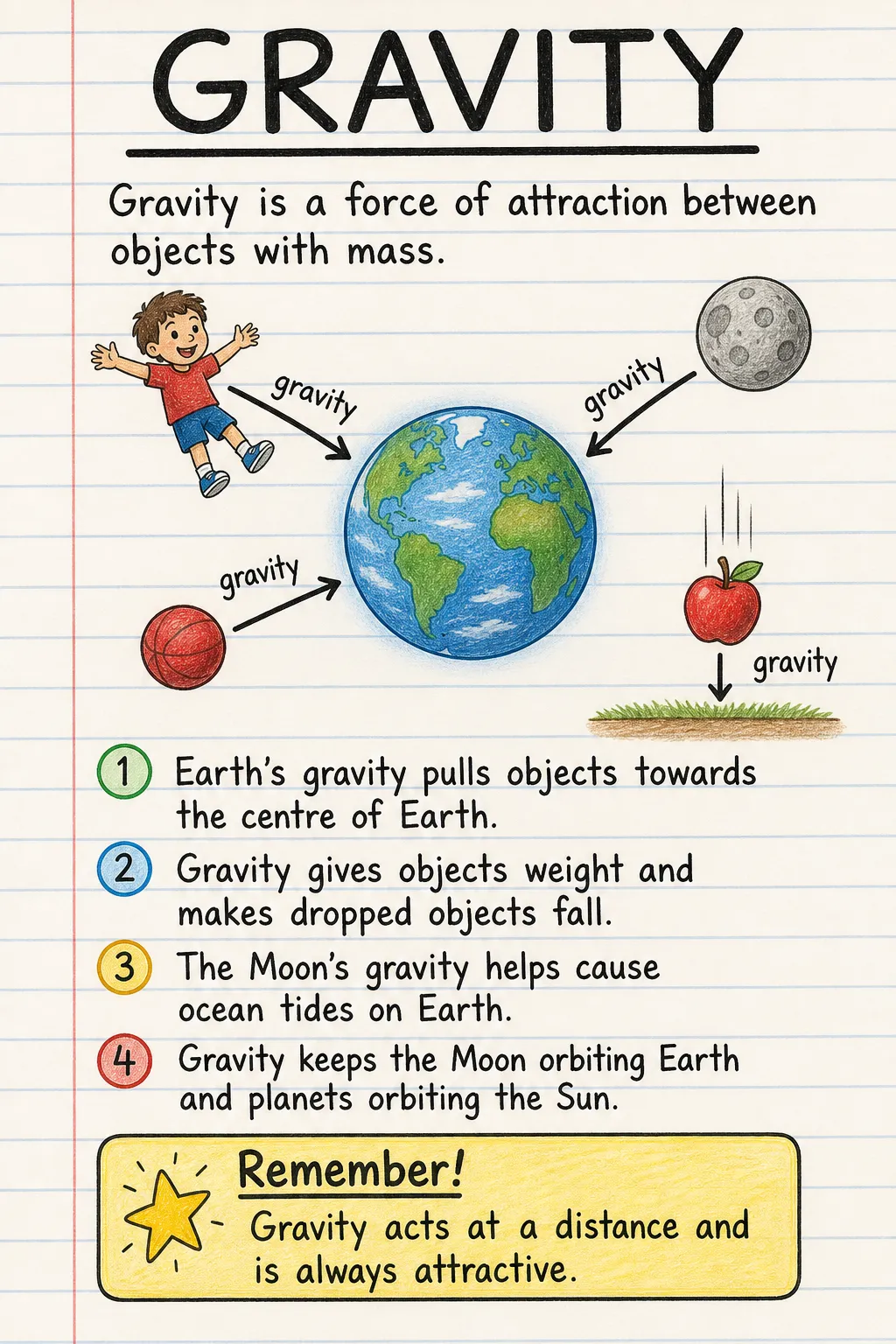 Gravity: an illustrated one-page fact sheet for primary school.