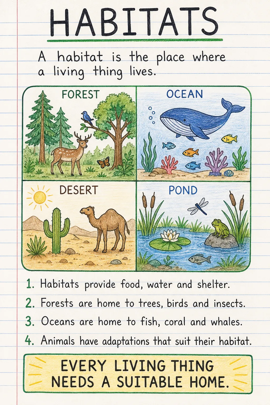 Habitats and what they provide: an illustrated one-page fact sheet for primary school.