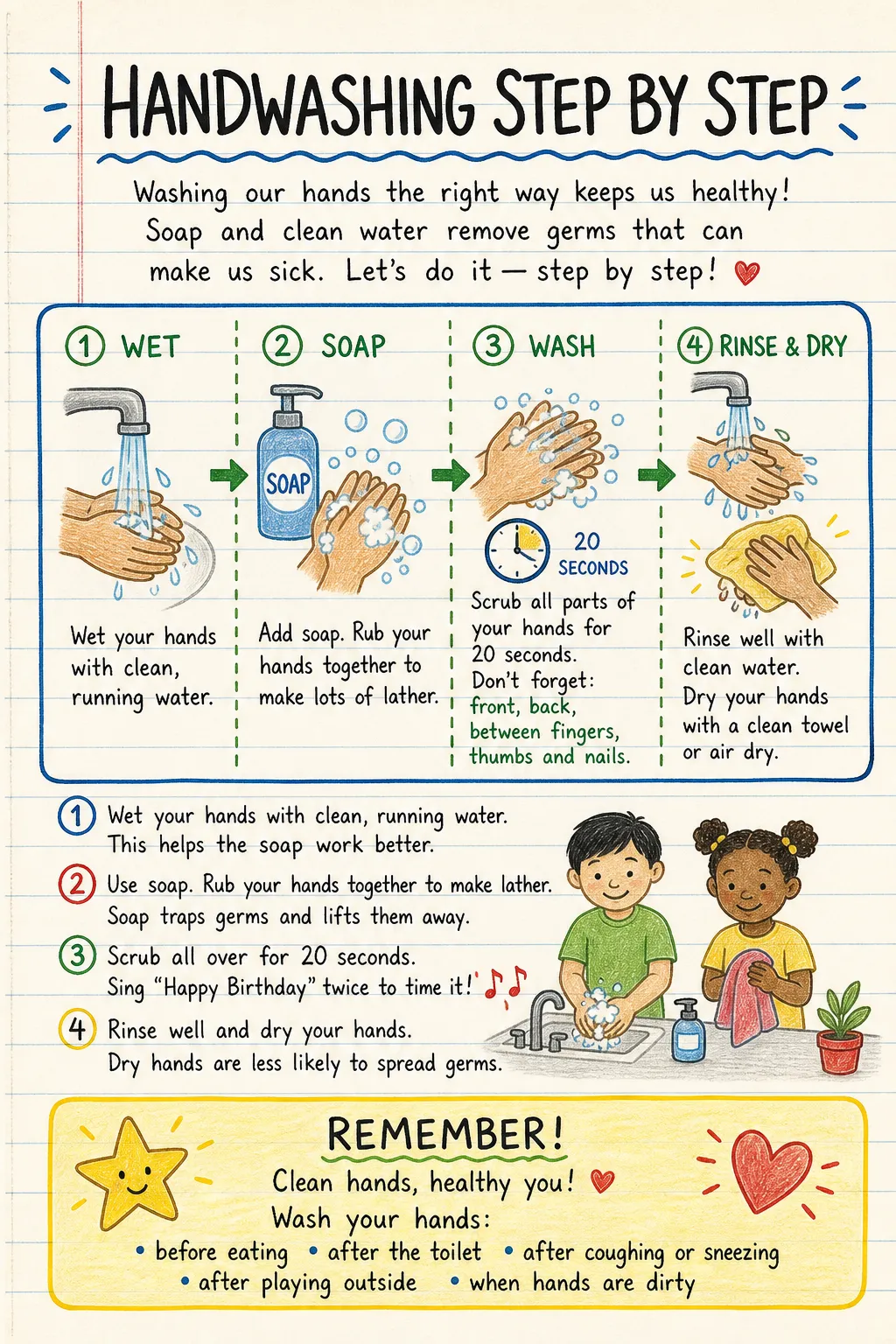 Handwashing step by step: an illustrated one-page fact sheet for primary school.