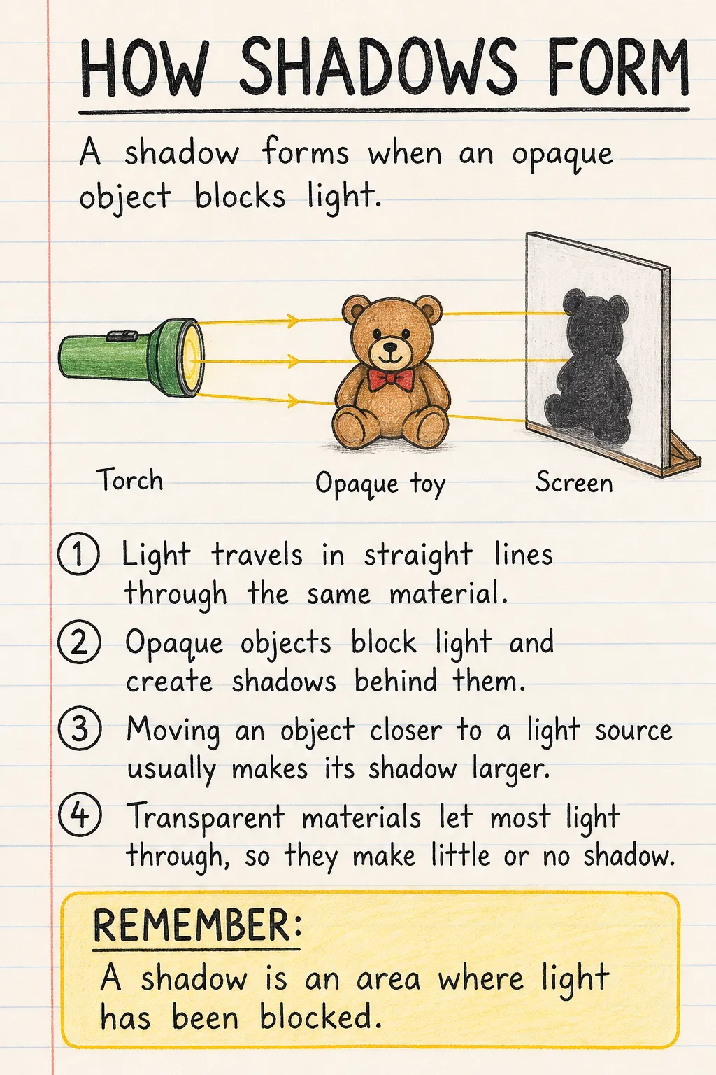 How shadows form: an illustrated one-page fact sheet for primary school.