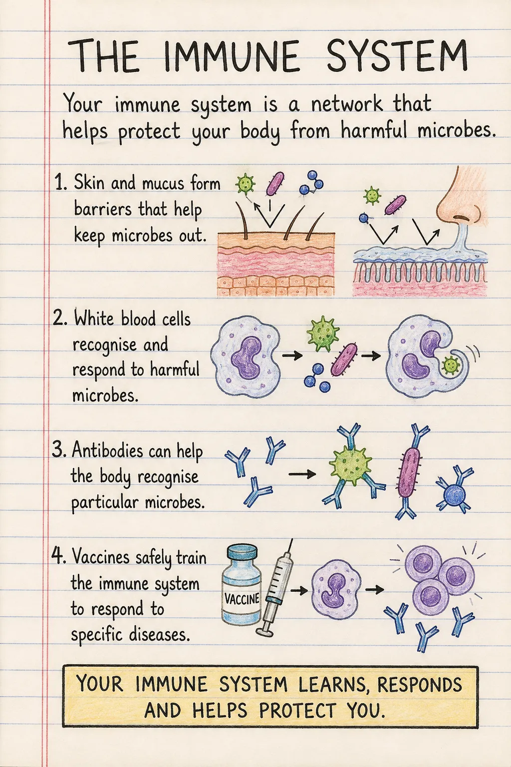 The immune system: a simple introduction: an illustrated one-page fact sheet for primary school.
