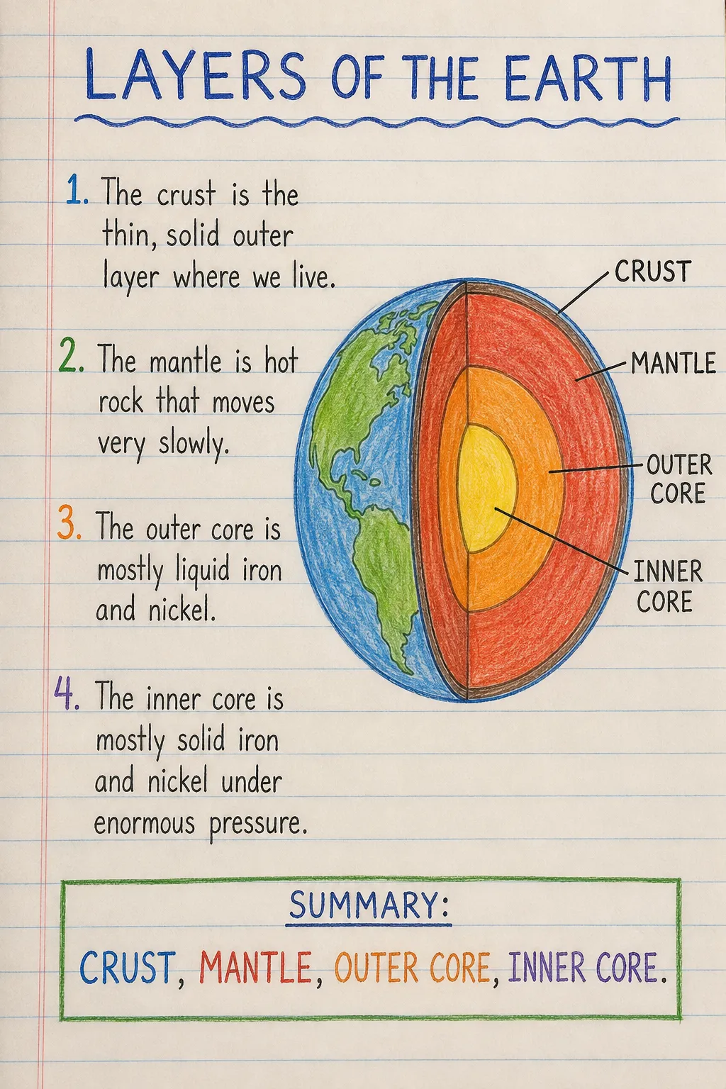 Layers of the Earth: an illustrated one-page fact sheet for primary school.