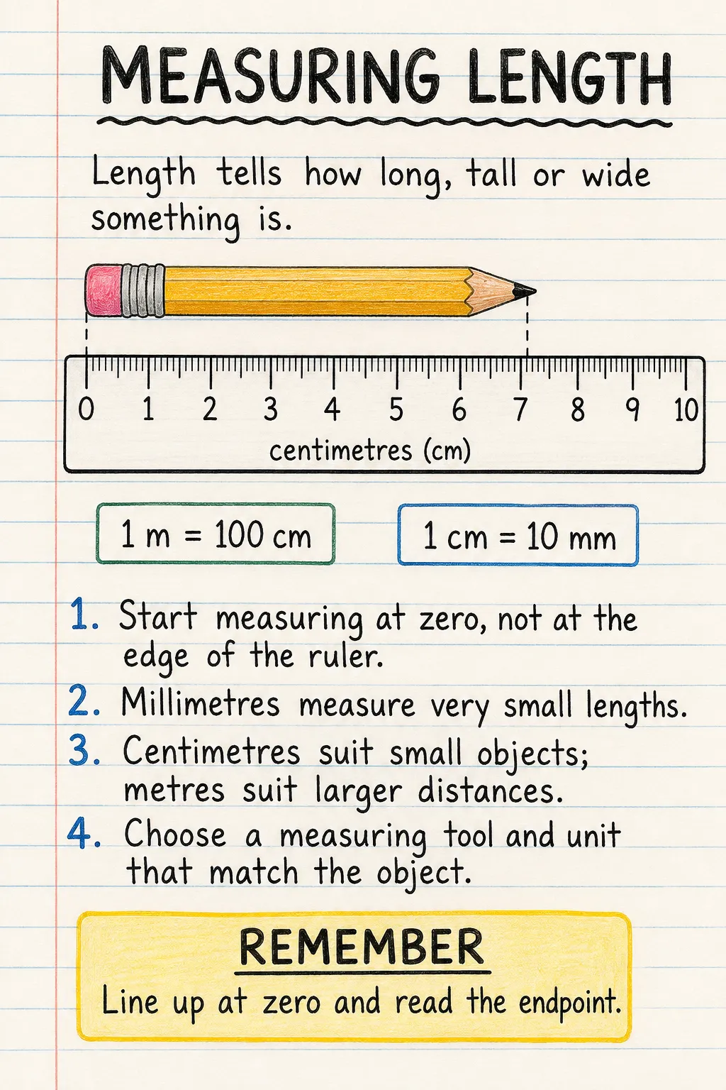 Measuring length: an illustrated one-page fact sheet for primary school.