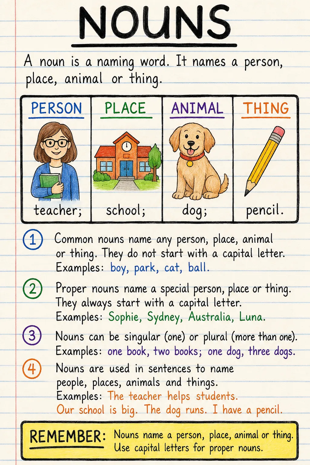 Nouns: an illustrated one-page fact sheet for primary school.