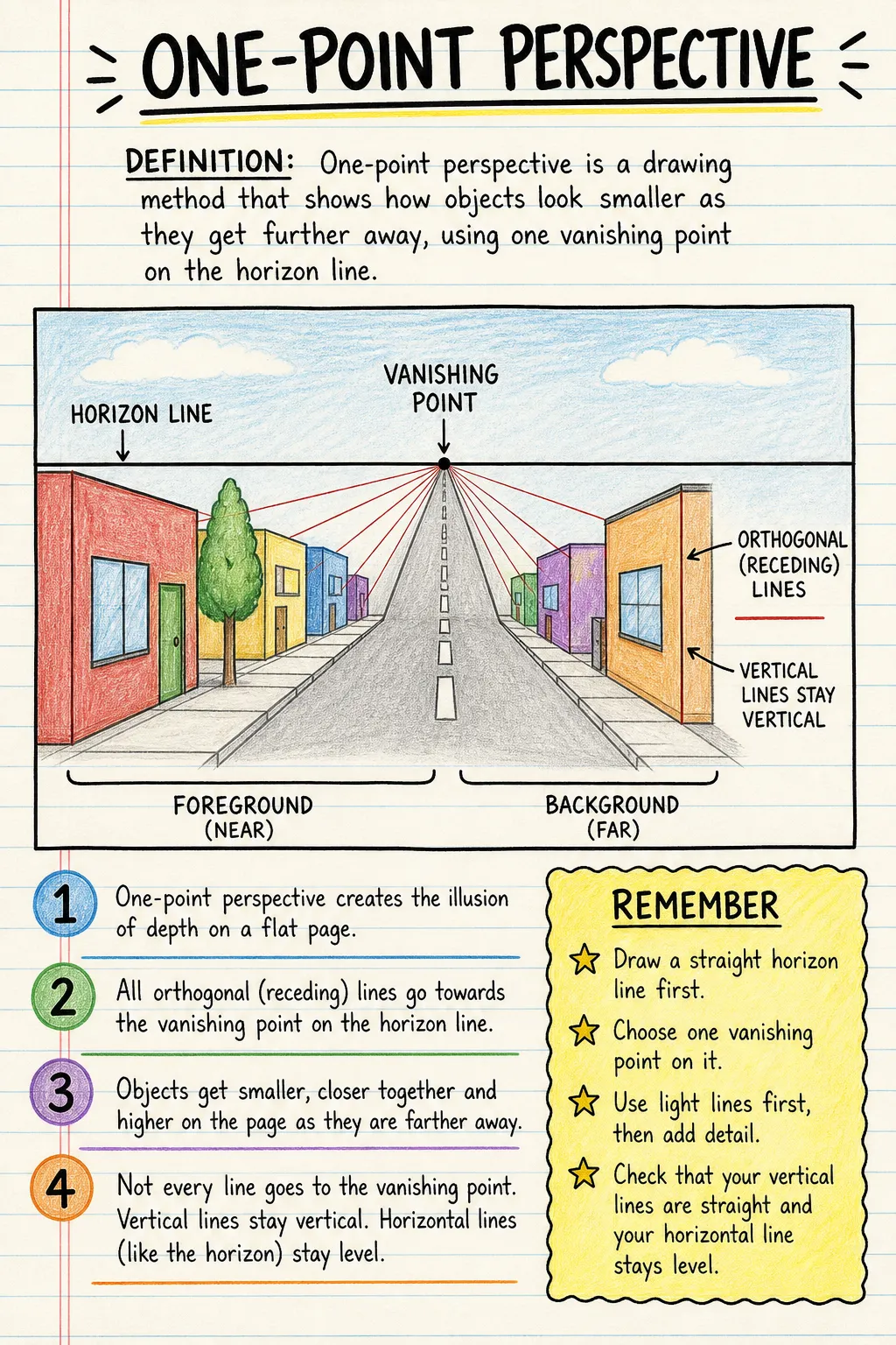 One-point perspective: an illustrated one-page fact sheet for primary school.