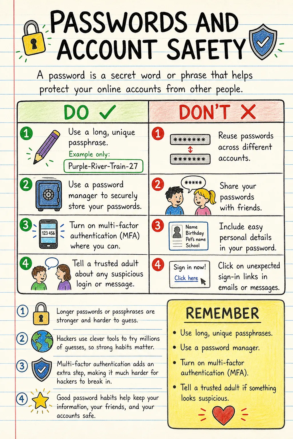 Passwords and account safety: an illustrated one-page fact sheet for primary school.