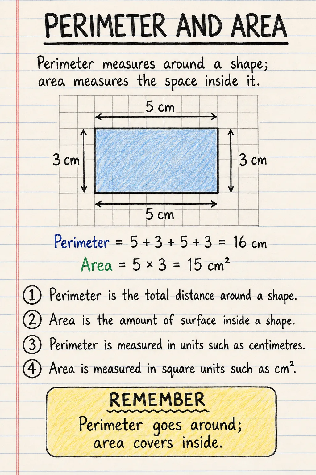 Perimeter and area: an illustrated one-page fact sheet for primary school.