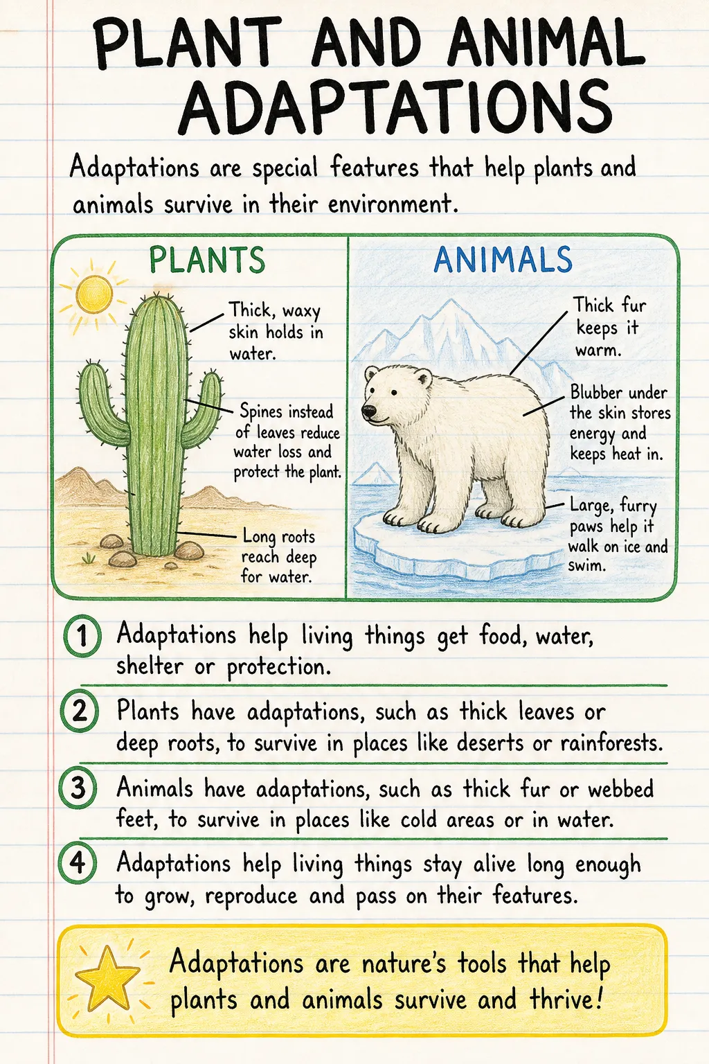 Plant and animal adaptations: an illustrated one-page fact sheet for primary school.