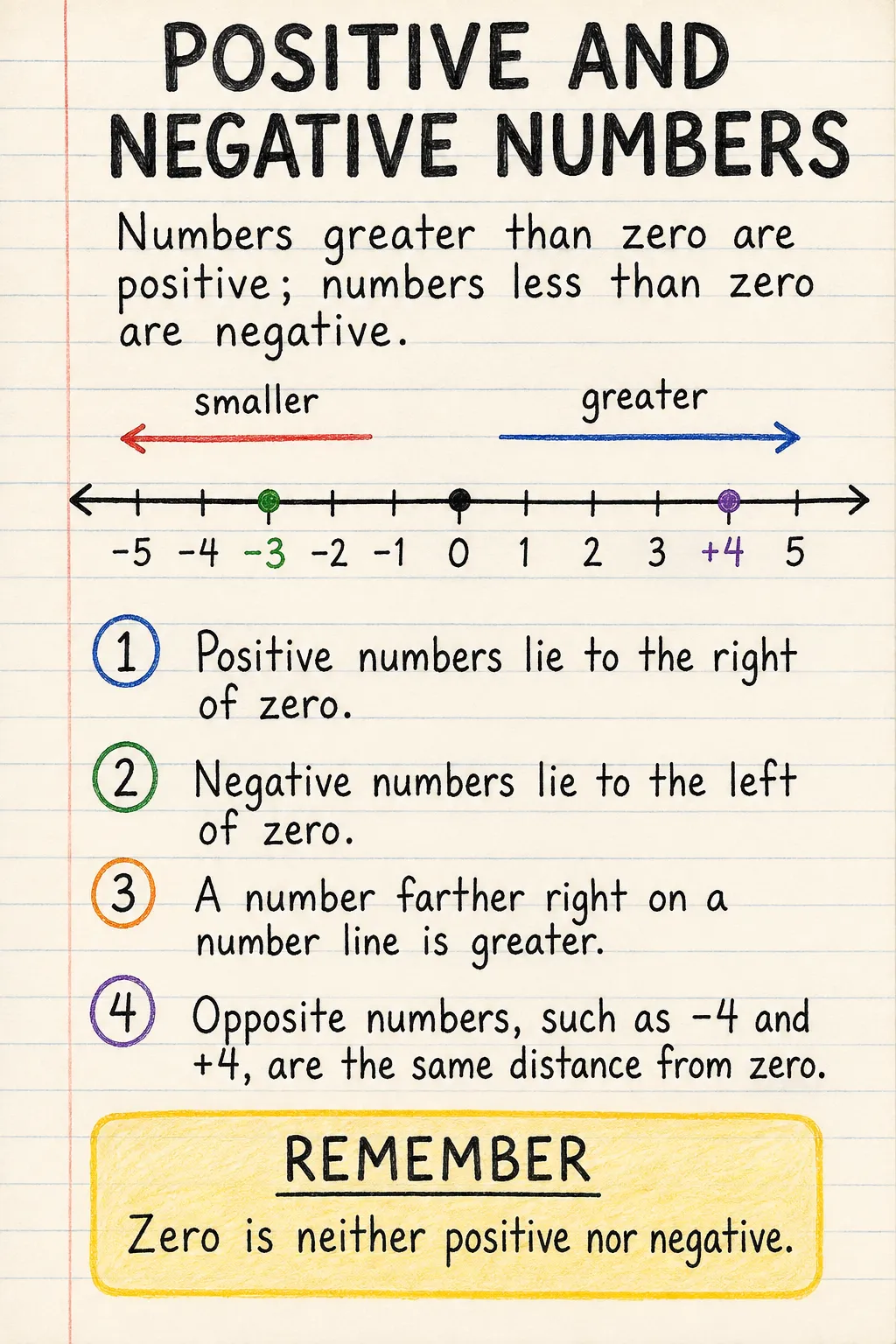 Positive and negative numbers: an illustrated one-page fact sheet for primary school.