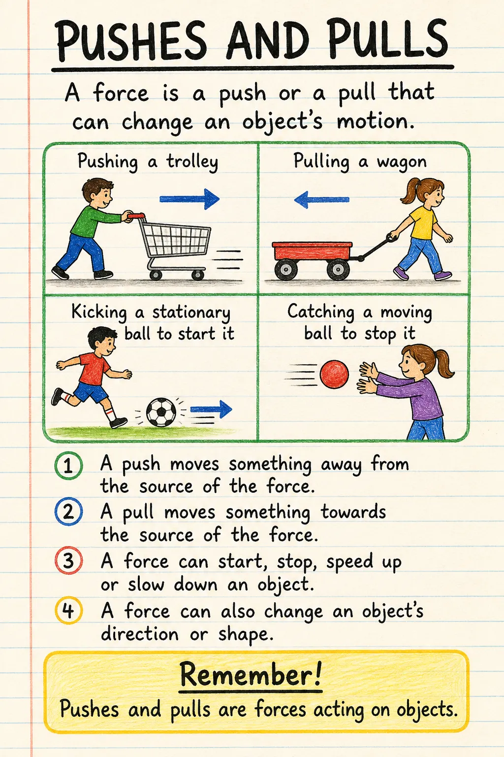 Pushes and pulls: an illustrated one-page fact sheet for primary school.