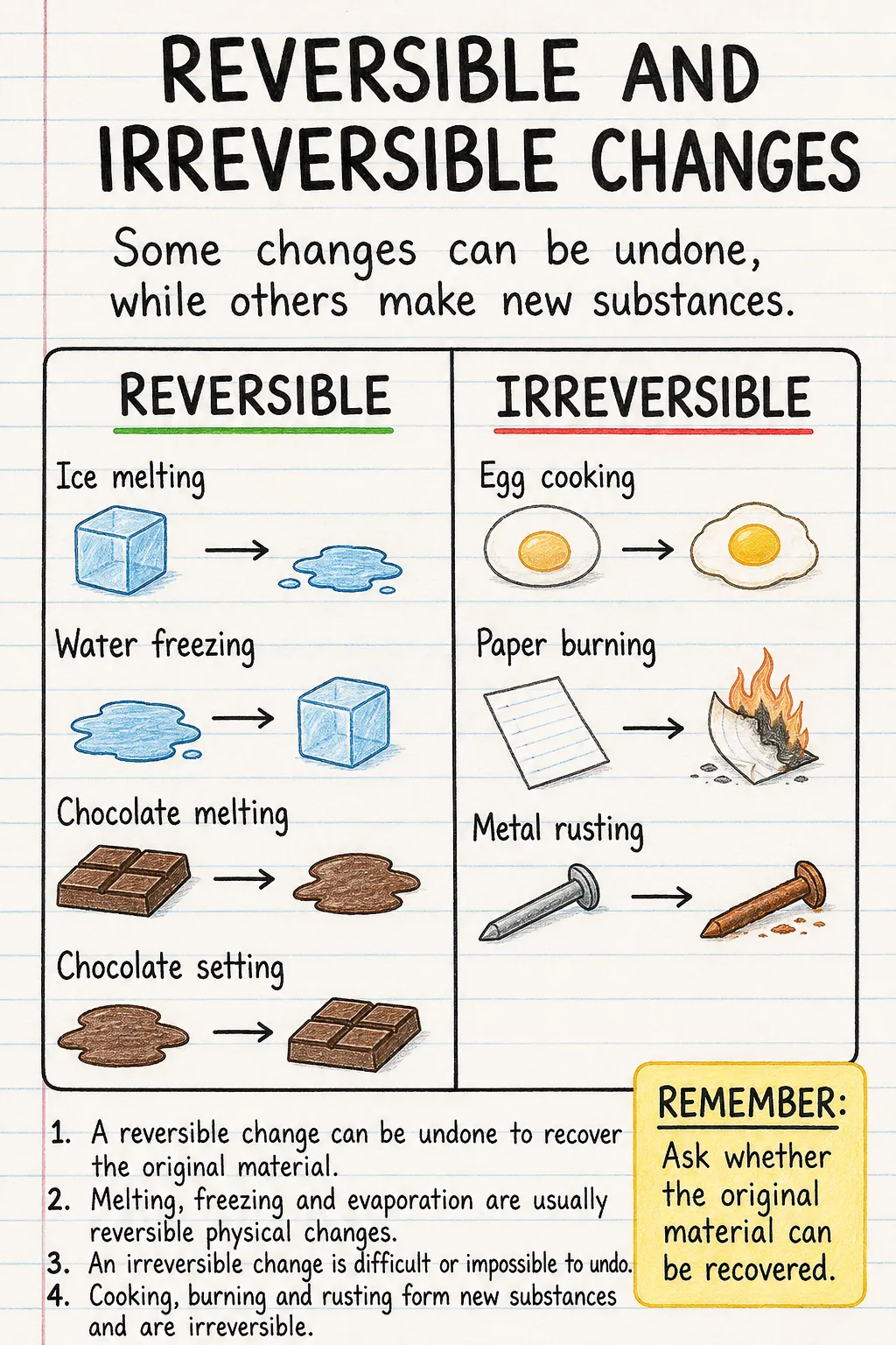 Reversible and irreversible changes: an illustrated one-page fact sheet for primary school.