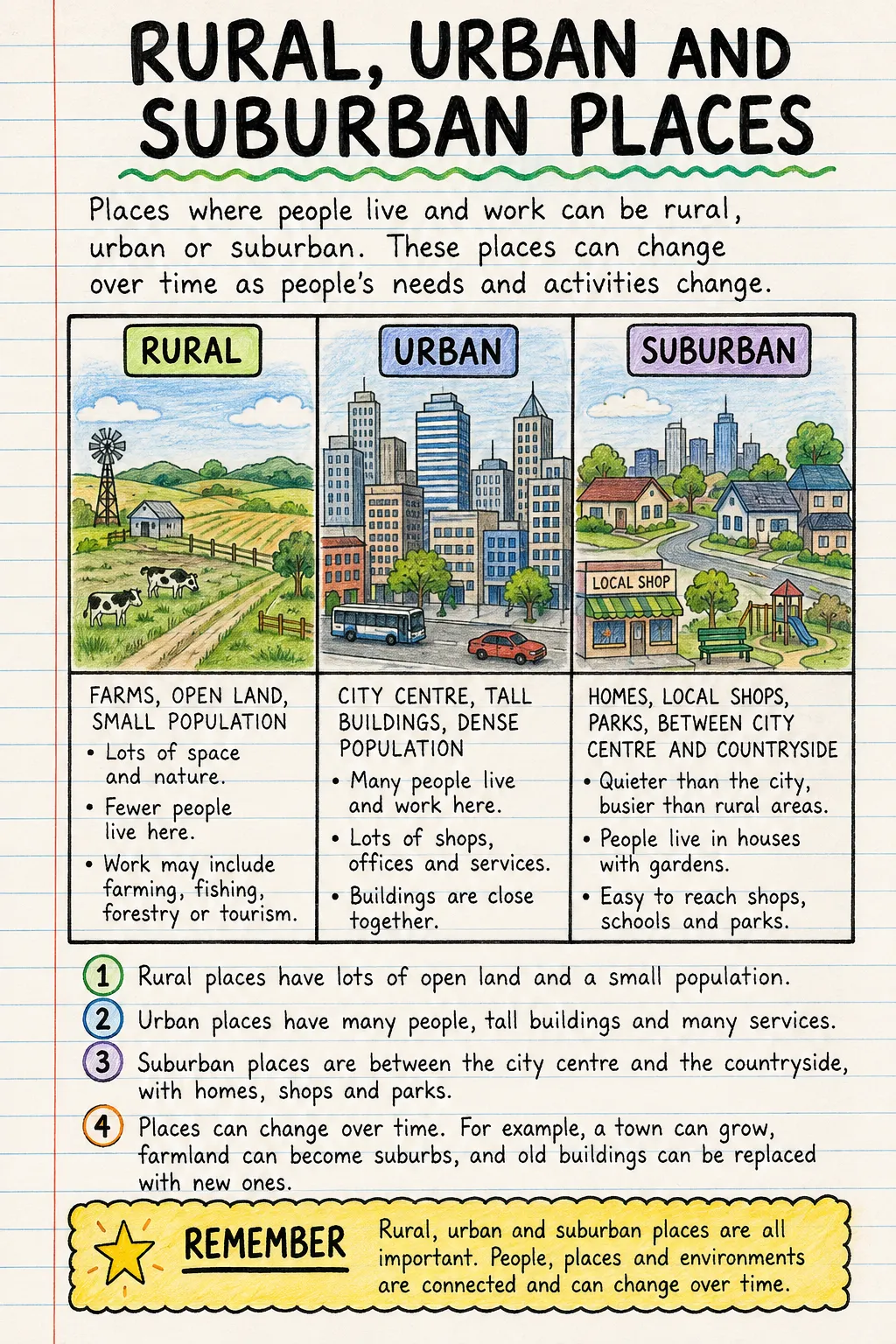 Rural, urban and suburban places: an illustrated one-page fact sheet for primary school.