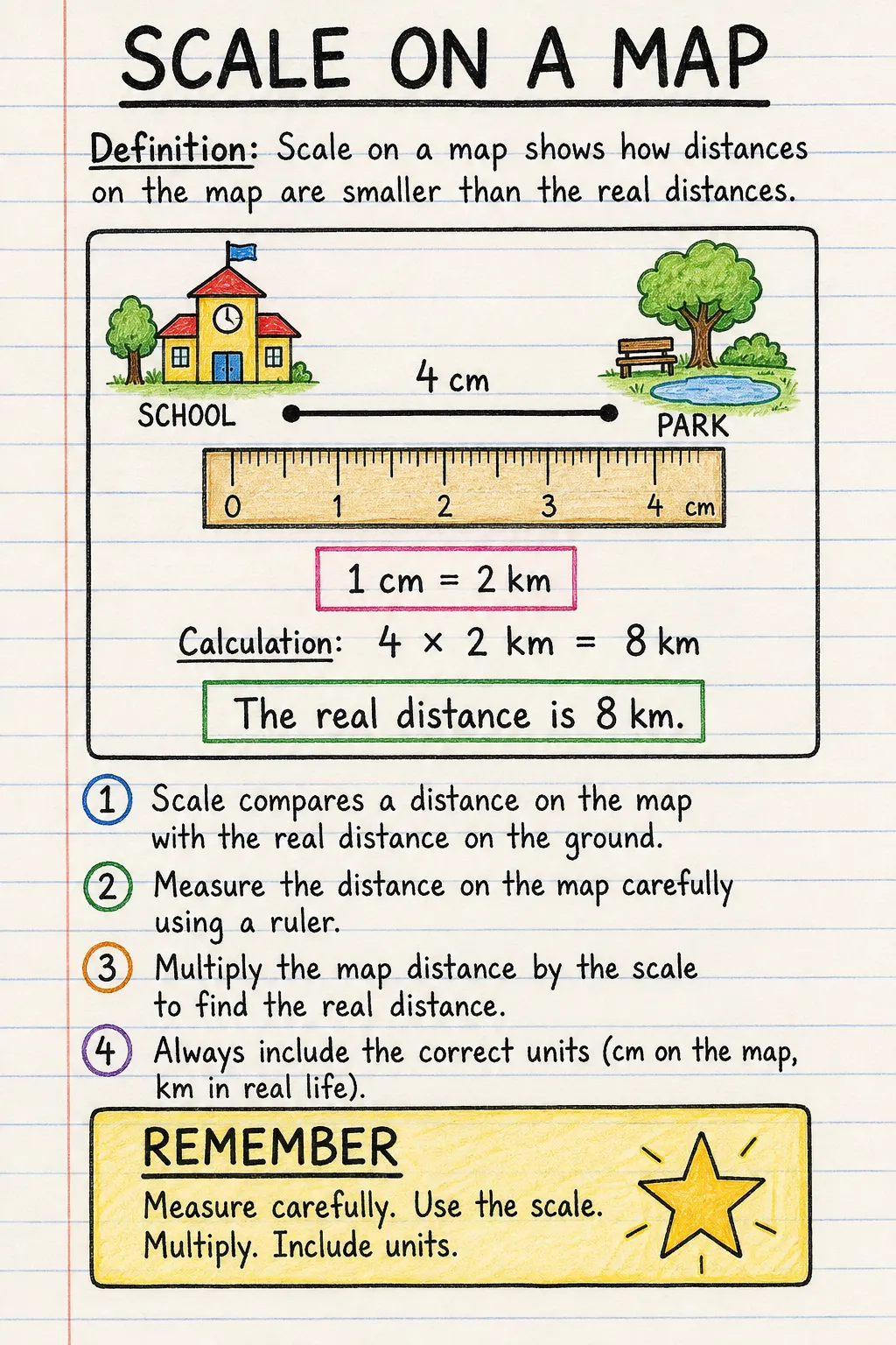 Scale on a map: an illustrated one-page fact sheet for primary school.