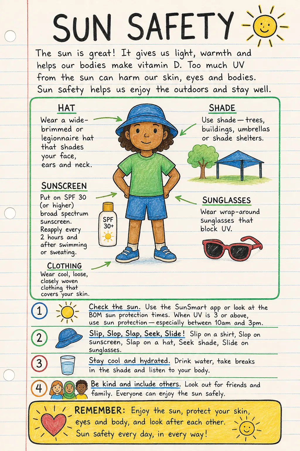 Sun safety: an illustrated one-page fact sheet for primary school.