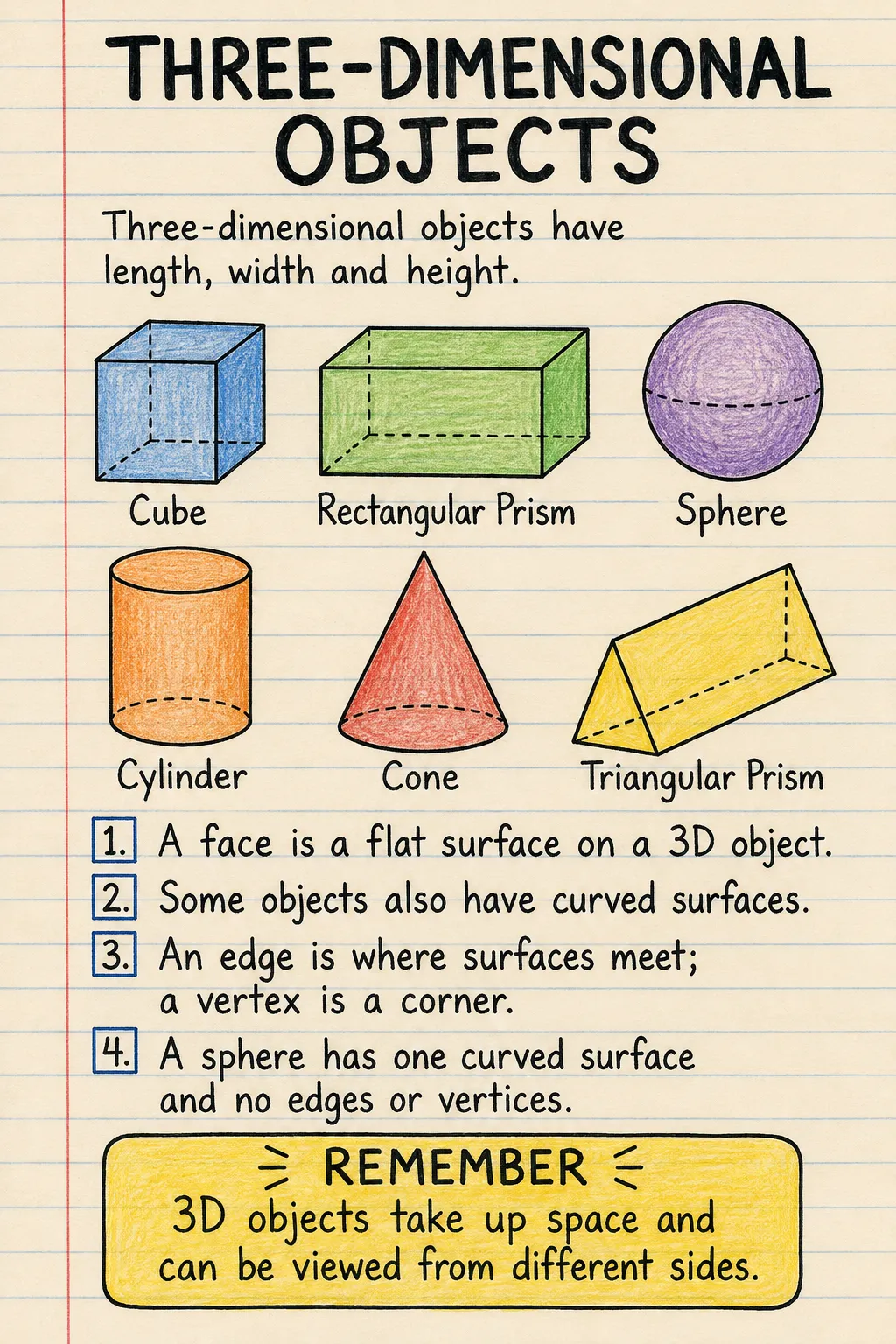 Three-dimensional objects: an illustrated one-page fact sheet for primary school.
