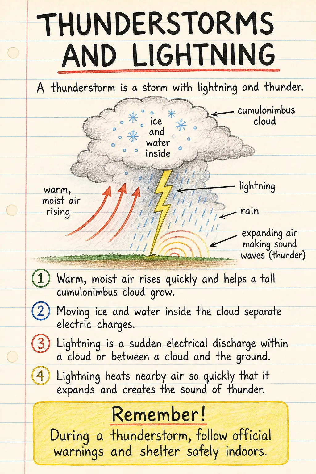 Thunderstorms and lightning: an illustrated one-page fact sheet for primary school.