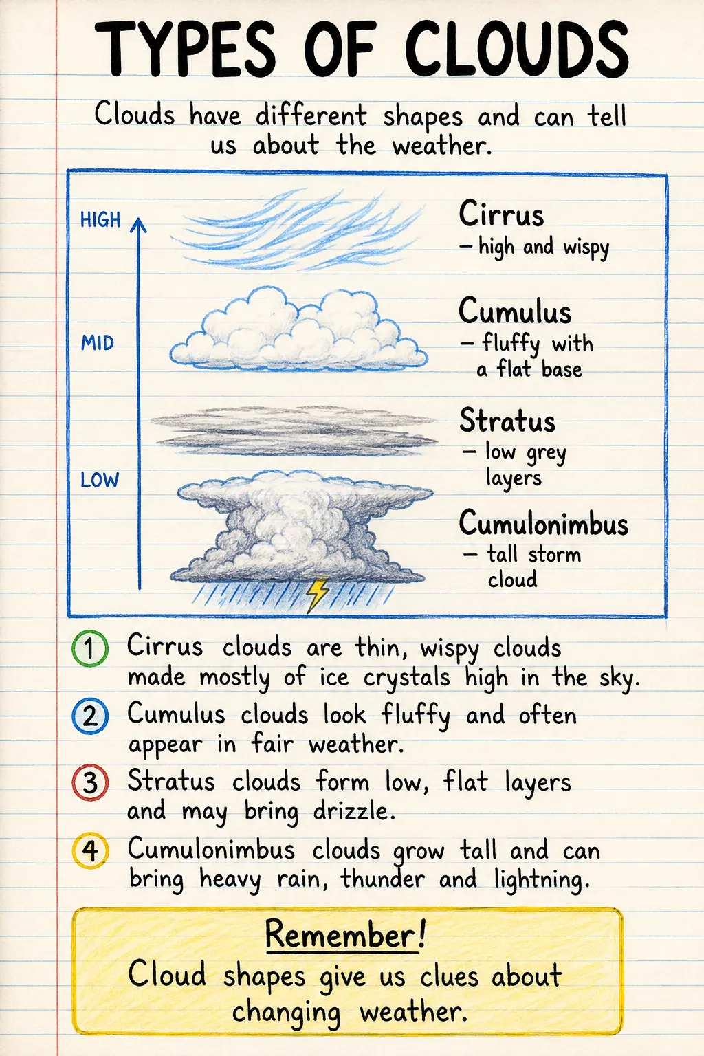 Types of clouds: an illustrated one-page fact sheet for primary school.