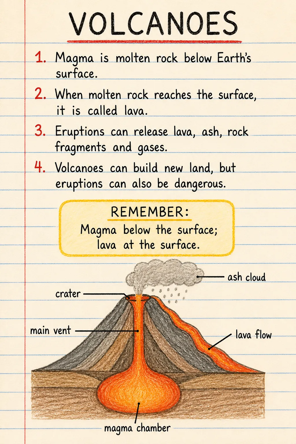 Volcanoes: an illustrated one-page fact sheet for primary school.
