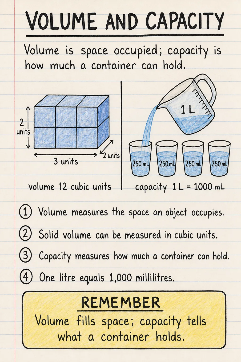 Volume and capacity: an illustrated one-page fact sheet for primary school.